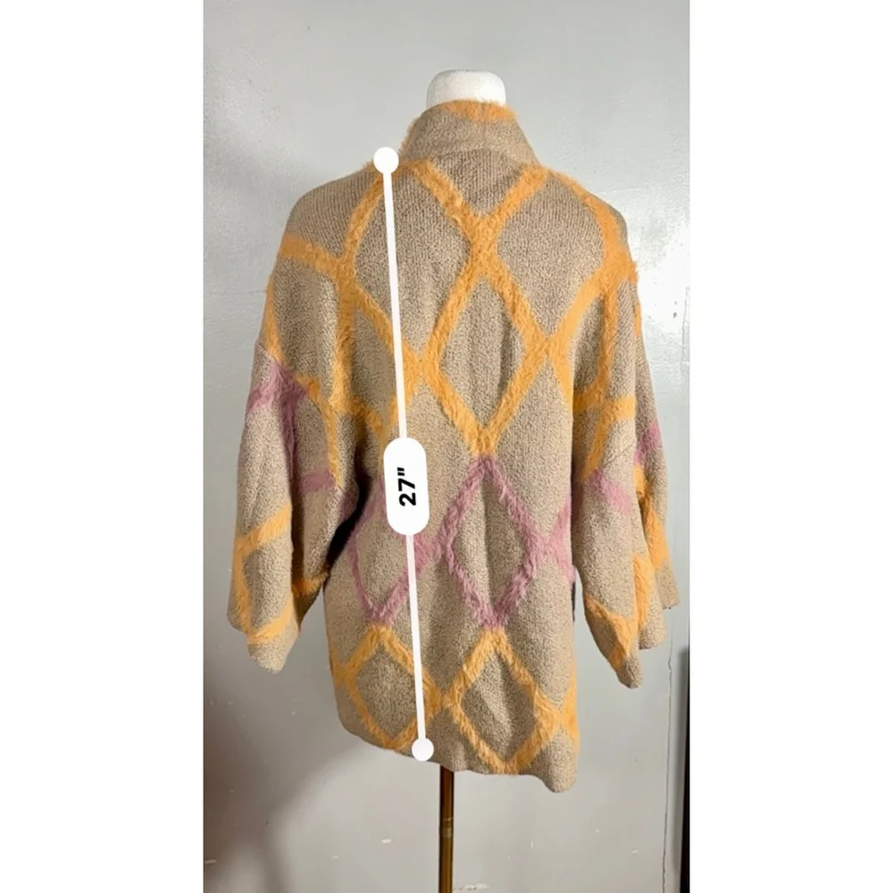 Kori America S/M Tan Brown Orange Pink Diamond Pattern Open Front Cardigan Women